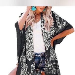 Catalina Mandala Print Womens Kimono Black White Fringes Tie front Oversized L